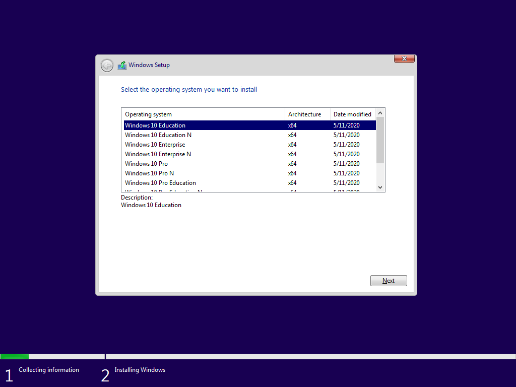 Windows Setup 的 Edition 选择界面。